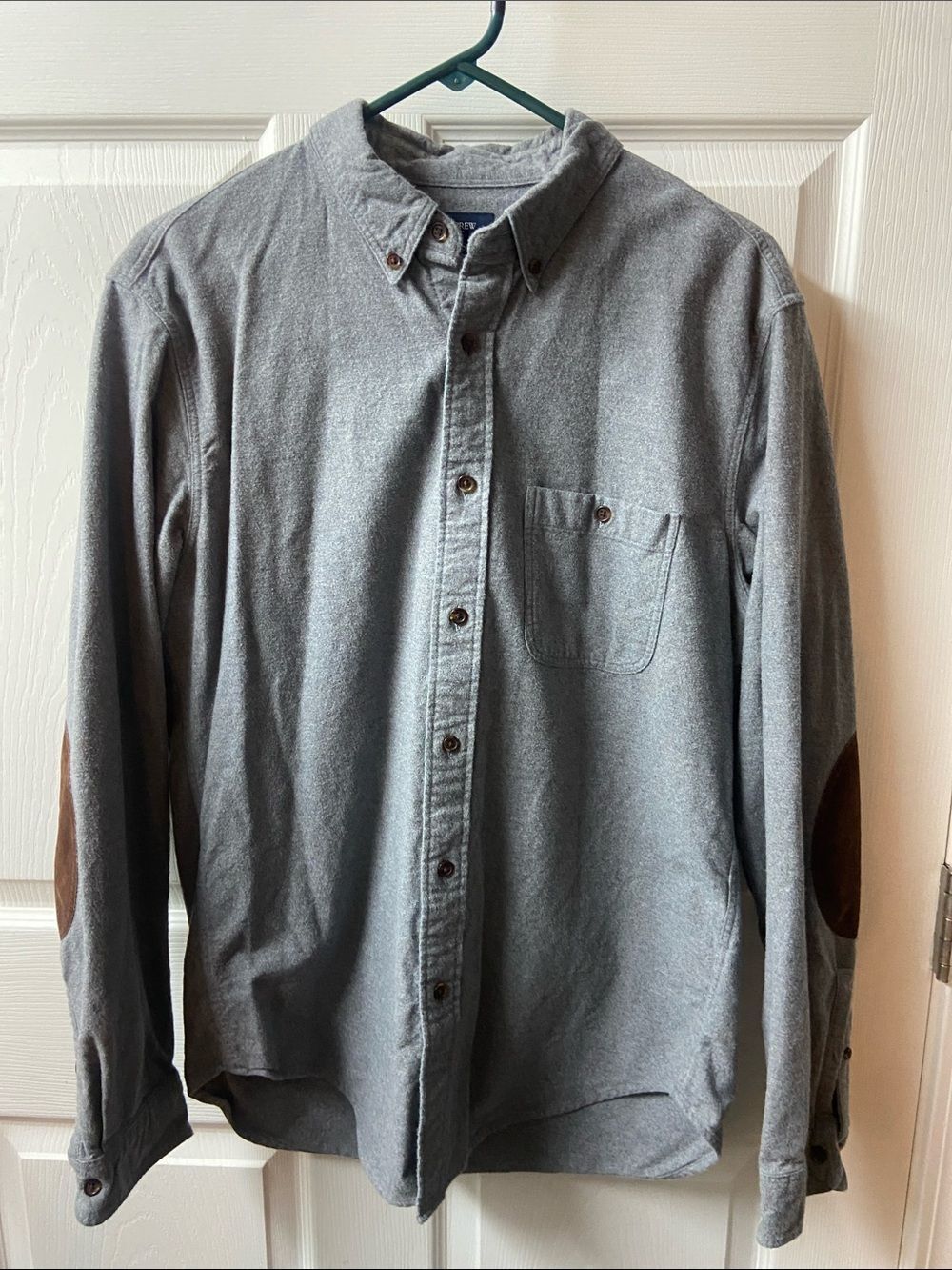 J. Crew Heather Gray Button-Down Shirt with Brown Elbow Patches Cotton Medium